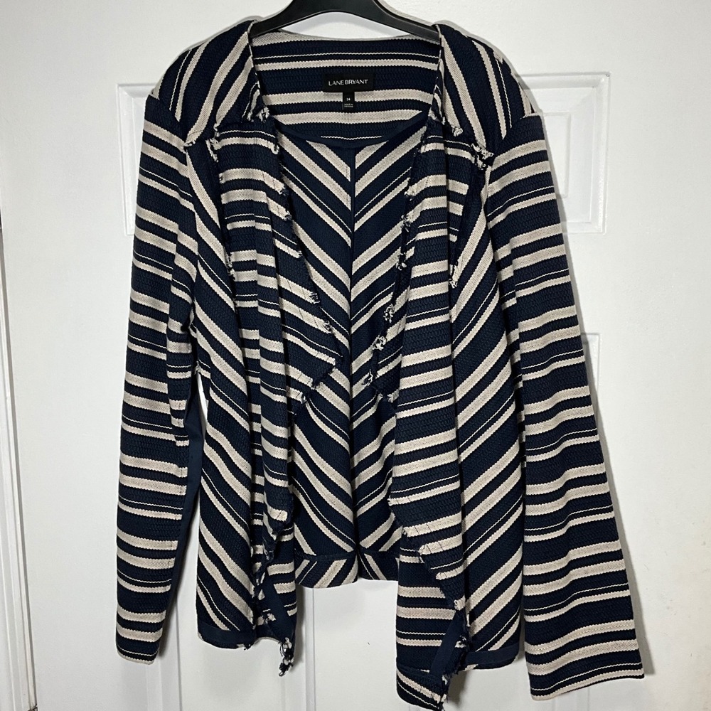 Lane Bryant Navy Blue Cream Striped Open Front Frayed Edge Jacket Womens 24